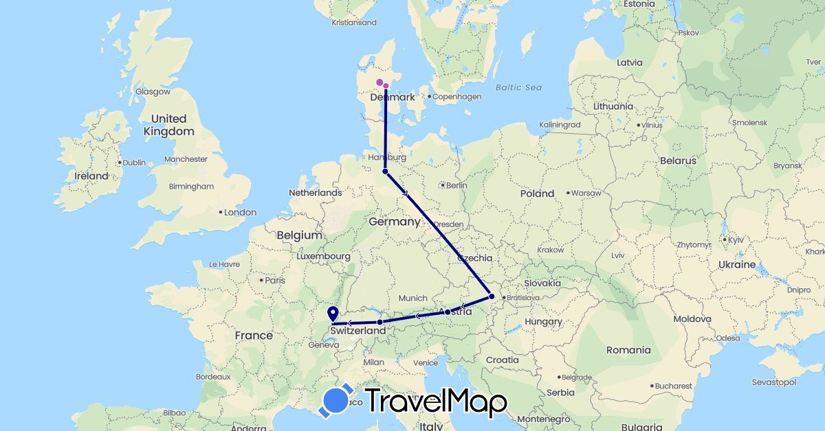 TravelMap itinerary: driving, train in Austria, Switzerland, Germany, Denmark, Liechtenstein (Europe)